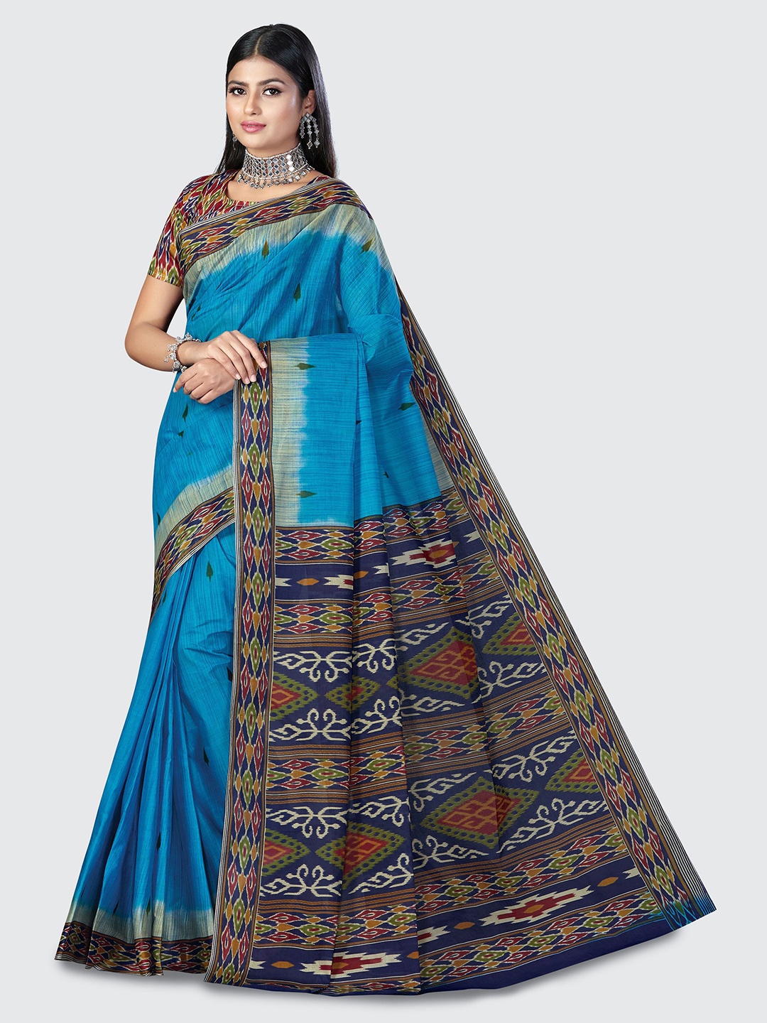 

SHANVIKA Blue & Black Ethnic Motifs Pure Cotton Block Print Saree