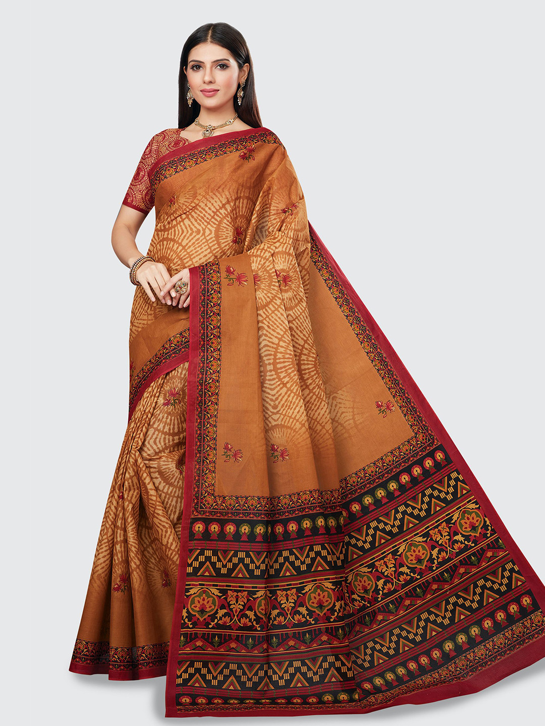 

SHANVIKA Mustard & Pink Floral Pure Cotton Block Print Saree