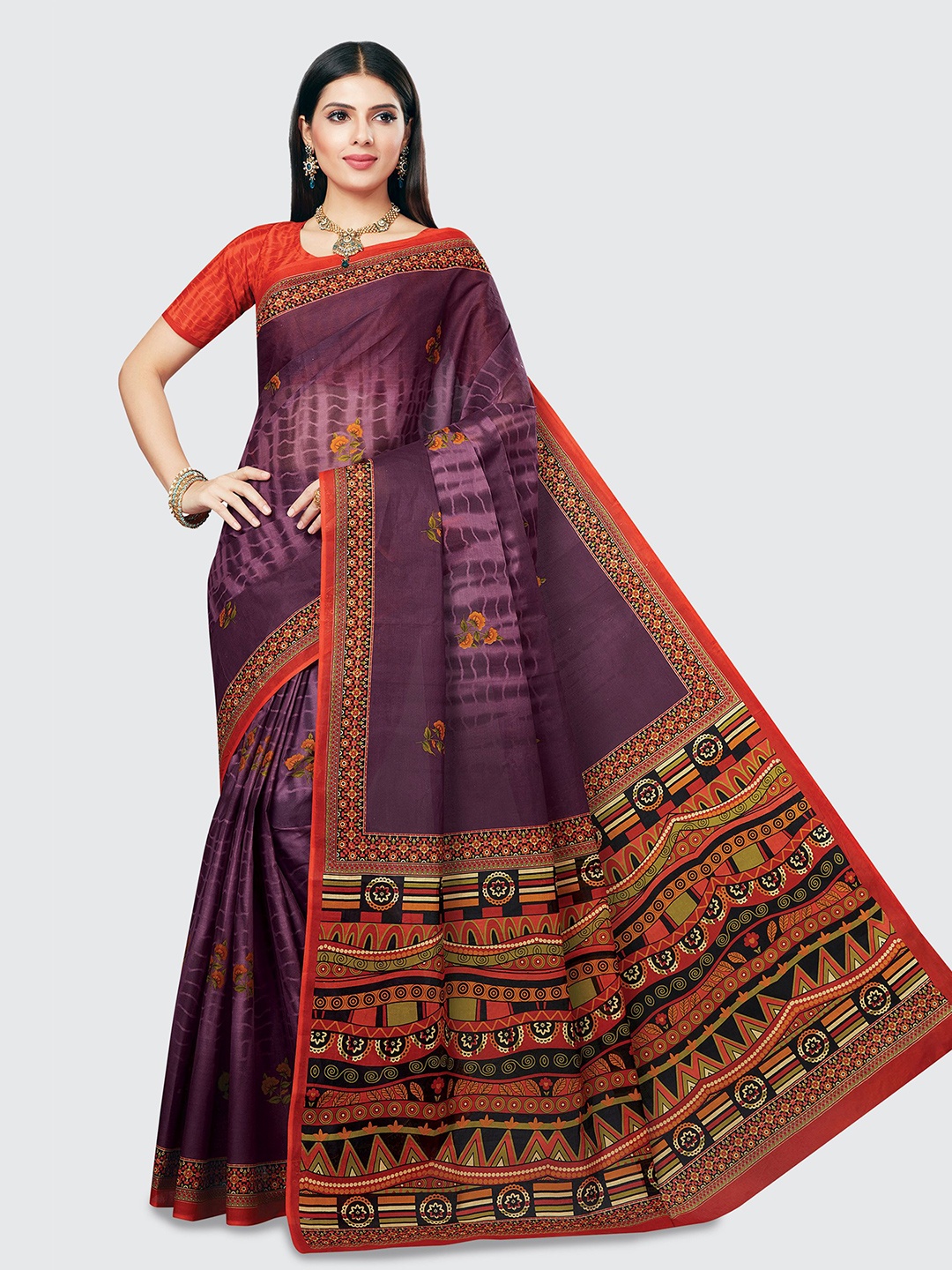 

SHANVIKA Purple & Red Floral Pure Cotton Block Print Saree
