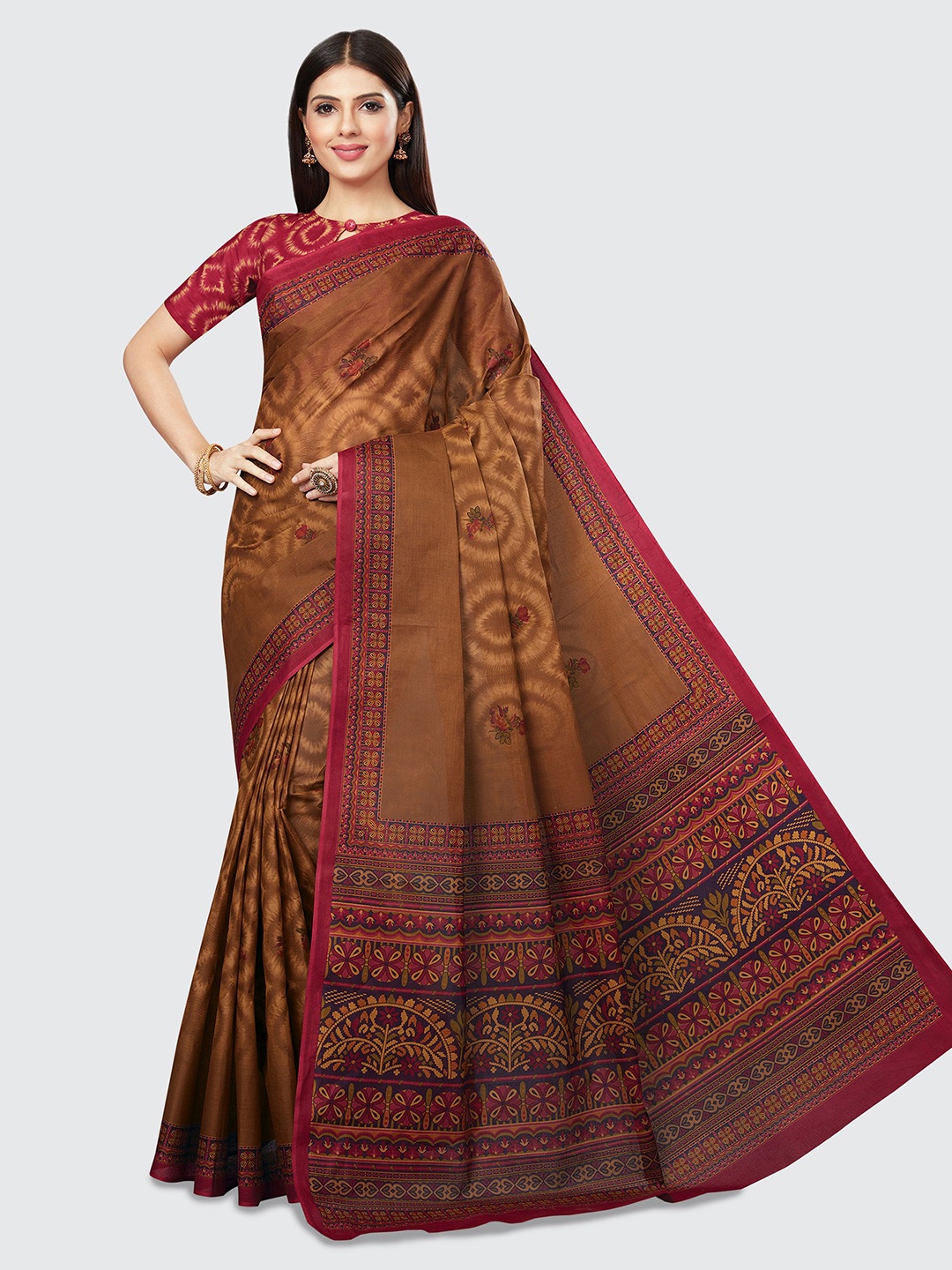 

SHANVIKA Brown & Pink Ethnic Motifs Pure Cotton Block Print Saree