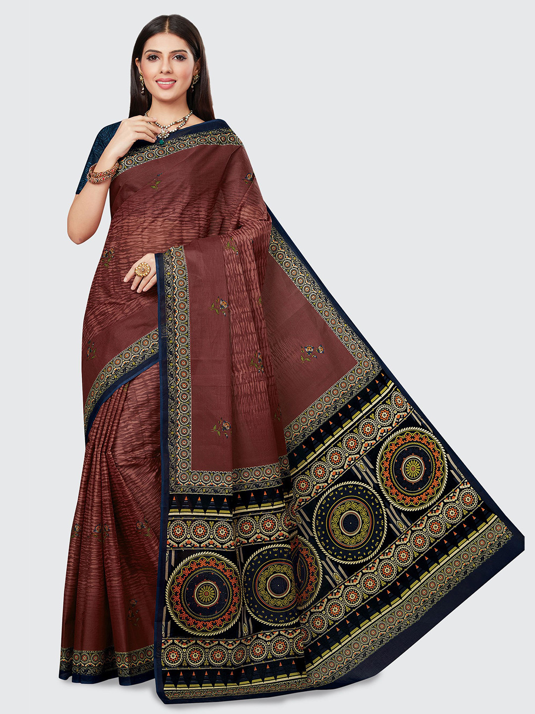 

SHANVIKA Brown & Blue Ethnic Motifs Pure Cotton Block Print Saree