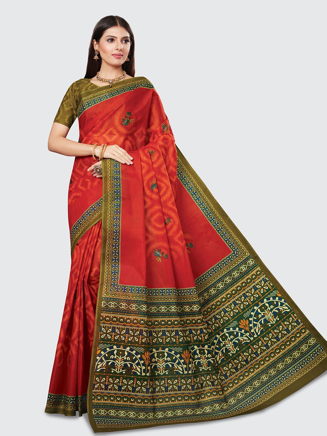 

SHANVIKA Orange & Green Floral Pure Cotton Block Print Saree