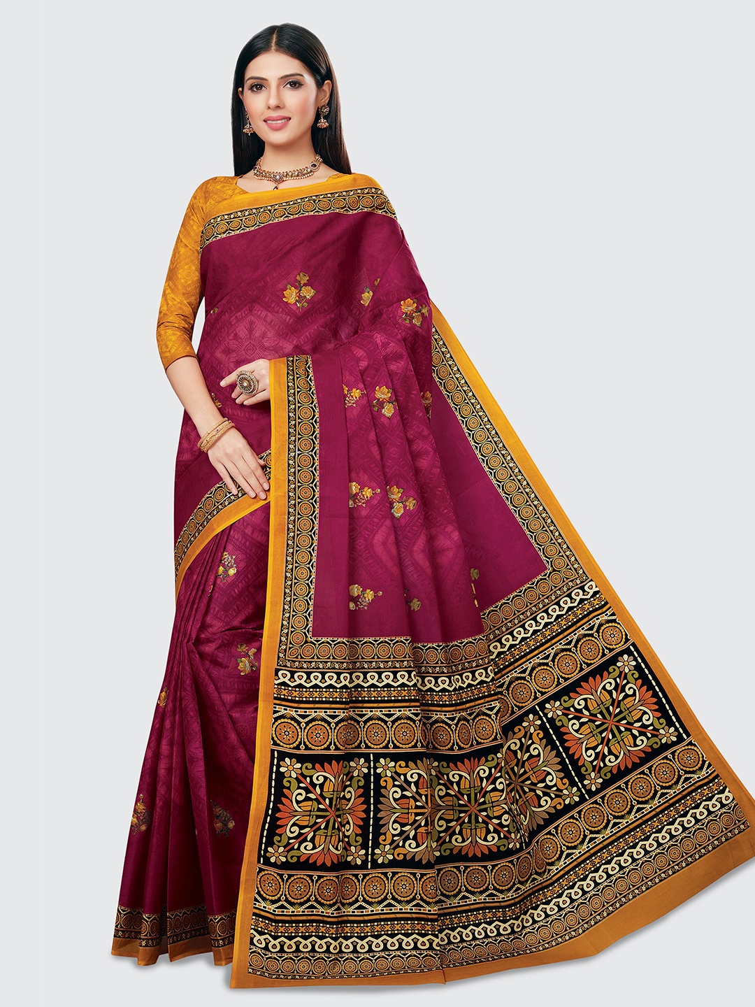 

SHANVIKA Pink & Yellow Floral Pure Cotton Block Print Saree