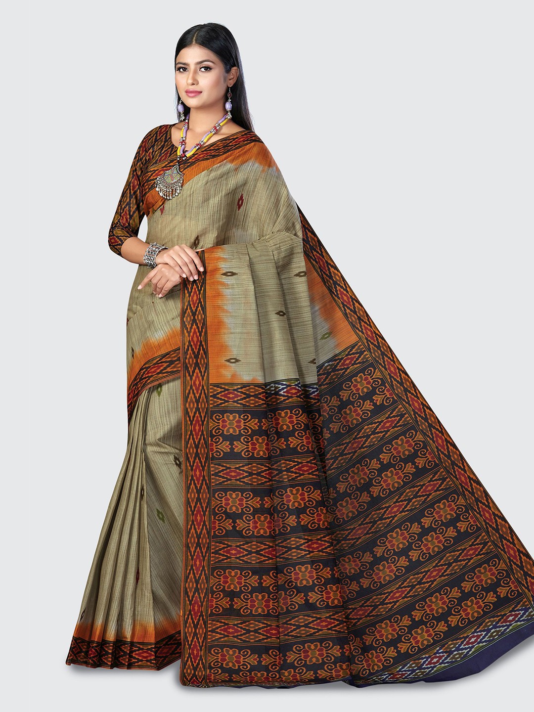 

SHANVIKA Beige & Yellow Ethnic Motifs Pure Cotton Block Print Saree