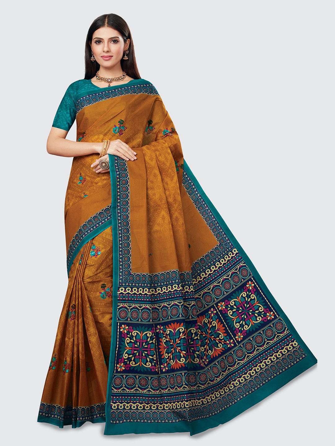 

SHANVIKA Mustard & Blue Floral Pure Cotton Block Print Saree