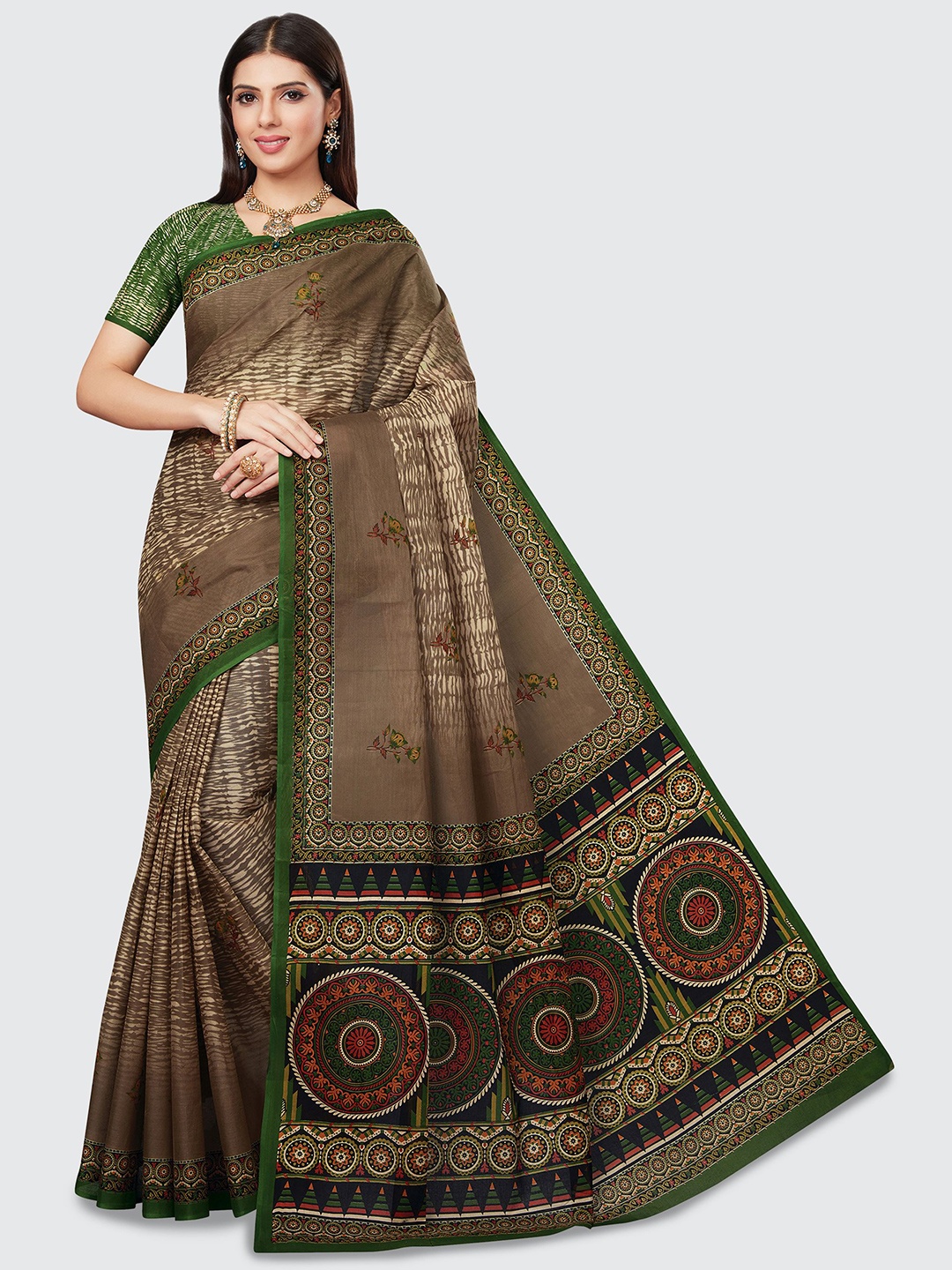 

SHANVIKA Brown & Green Floral Pure Cotton Block Print Saree