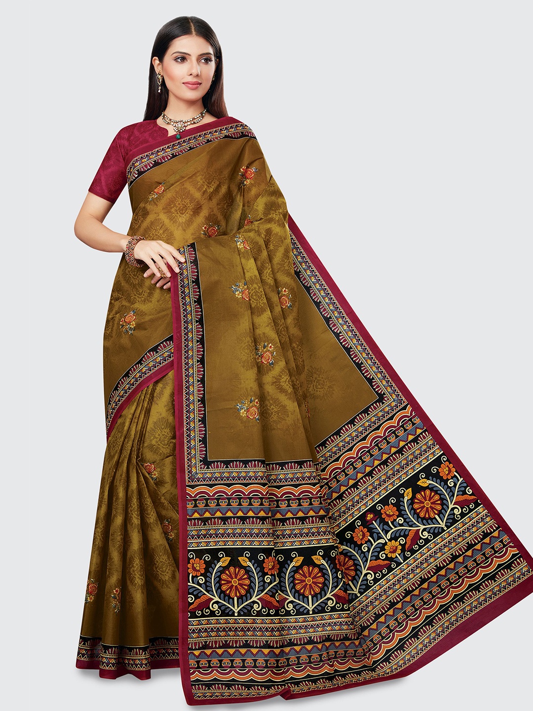 

SHANVIKA Mustard & Pink Floral Pure Cotton Block Print Saree
