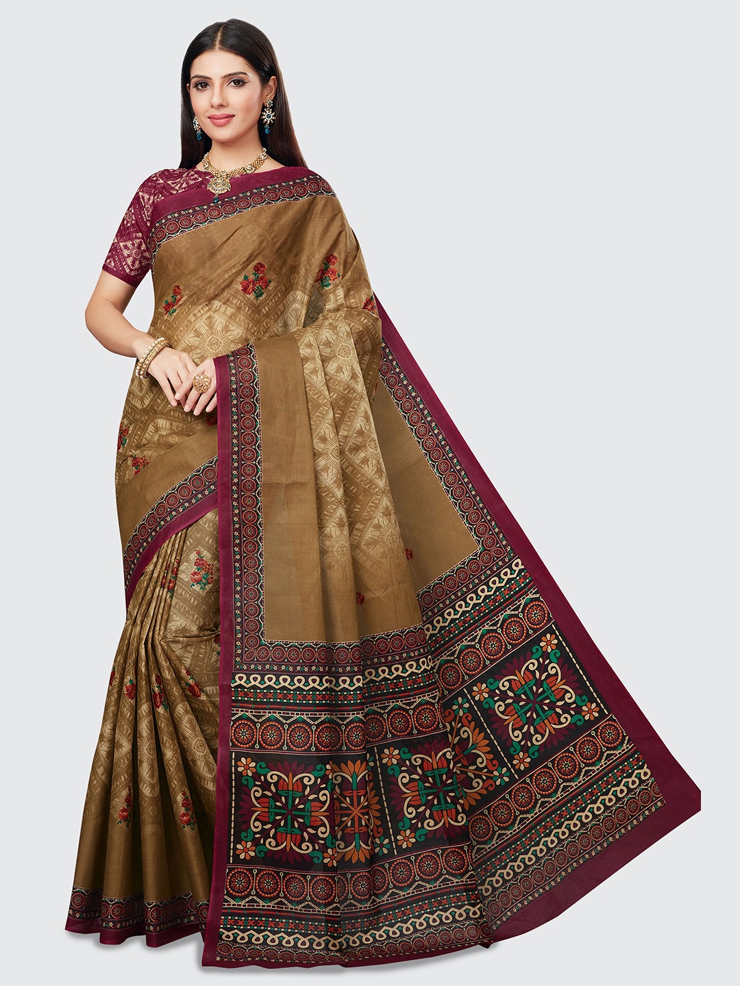 

SHANVIKA Beige & Purple Floral Pure Cotton Block Print Saree