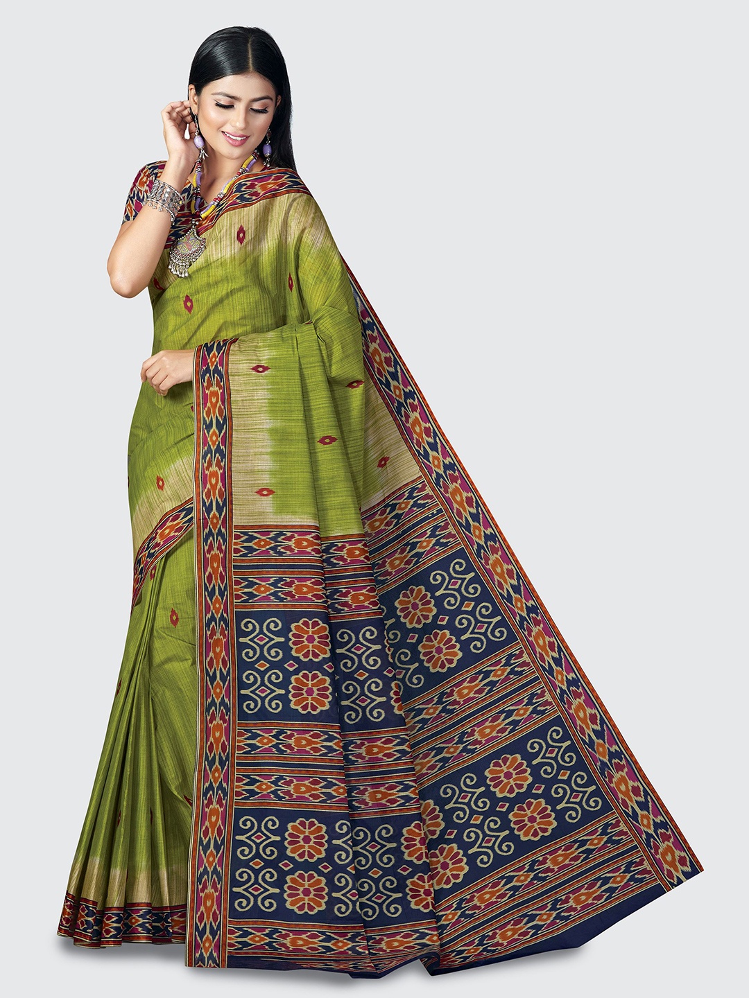 

SHANVIKA Green & Orange Ethnic Motifs Pure Cotton Block Print Saree