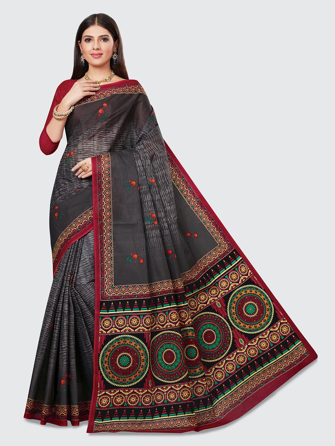 

SHANVIKA Grey & Red Floral Pure Cotton Block Print Saree