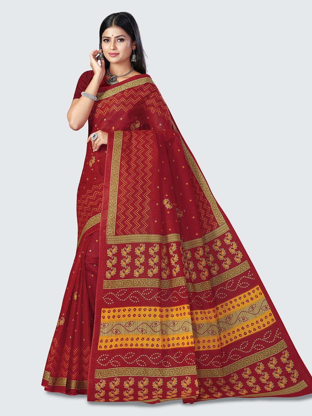 

SHANVIKA Red & Yellow Bandhani Pure Cotton Block Print Saree