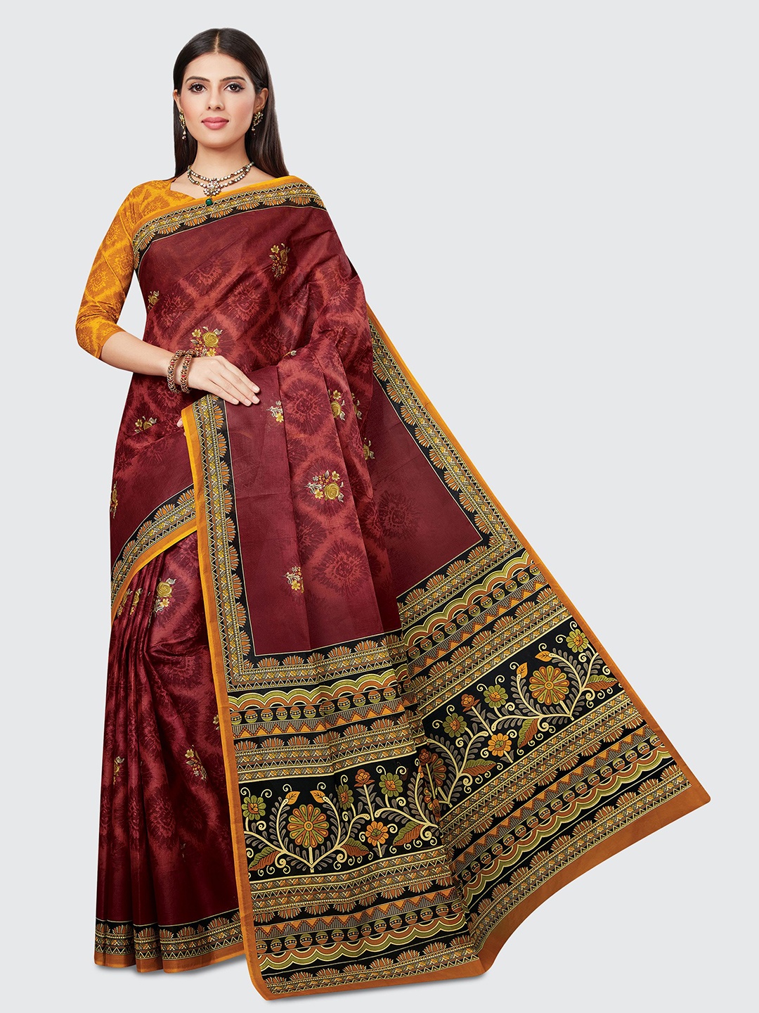 

SHANVIKA Maroon & Yellow Floral Pure Cotton Block Print Saree