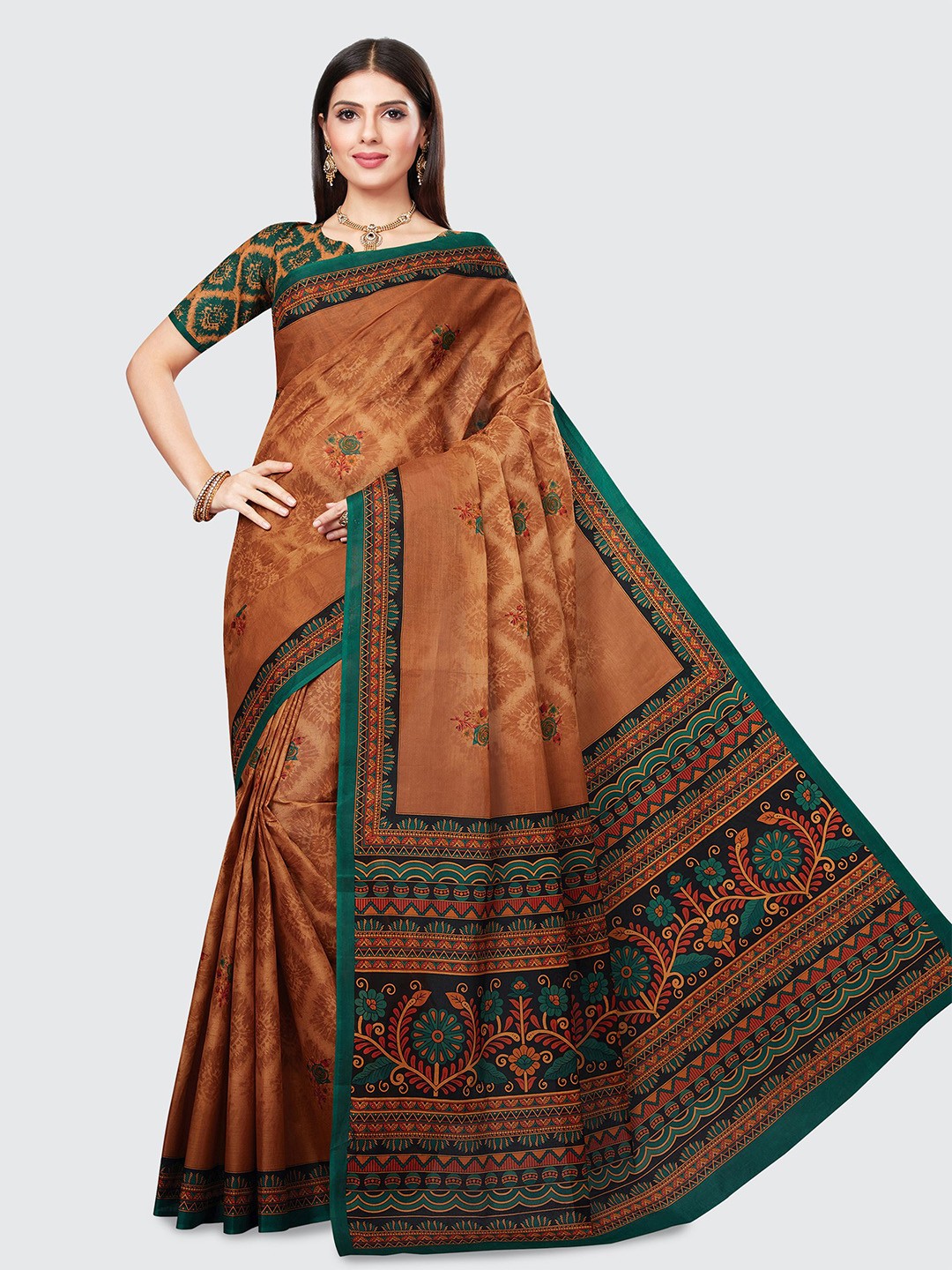 

SHANVIKA Brown & Green Floral Pure Cotton Block Print Saree
