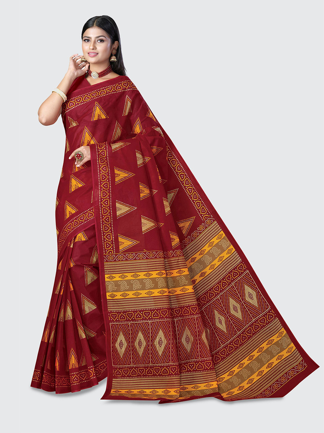 

SHANVIKA Red & Yellow Bandhani Pure Cotton Block Print Saree