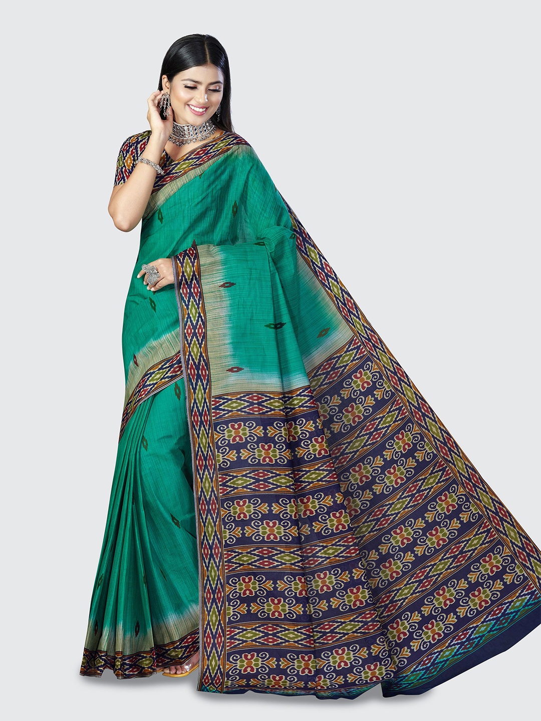 

SHANVIKA Green & Blue Ethnic Motifs Pure Cotton Block Print Saree