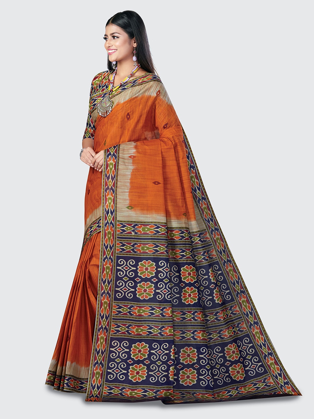 

SHANVIKA Orange & Blue Ethnic Motifs Pure Cotton Block Print Saree