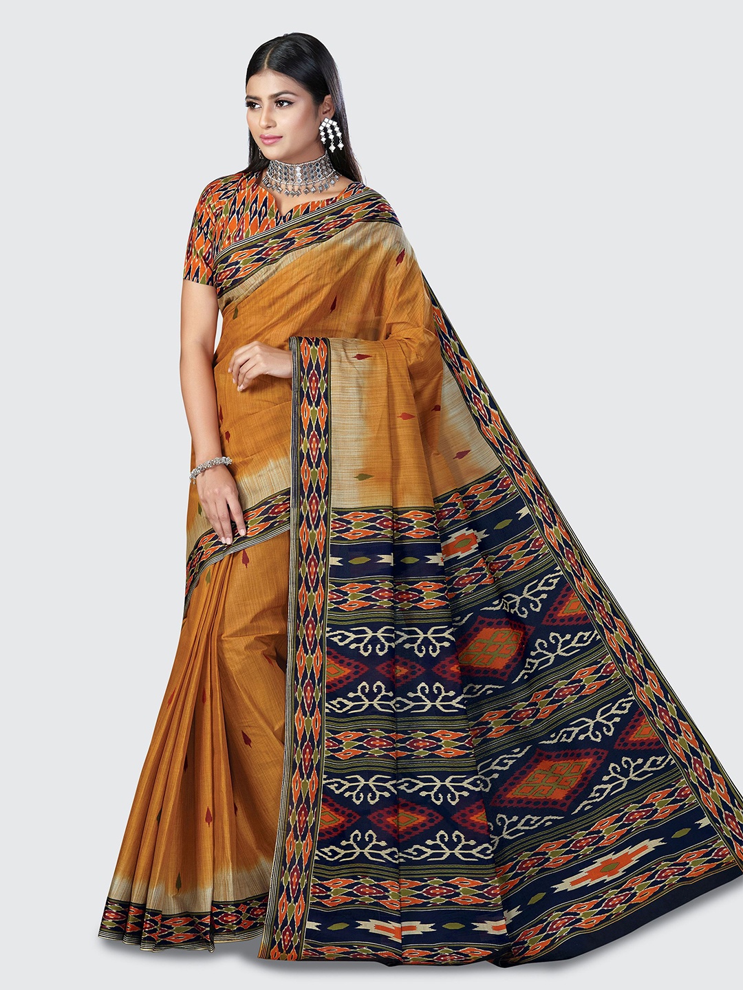 

SHANVIKA Mustard & Blue Ethnic Motifs Pure Cotton Block Print Saree