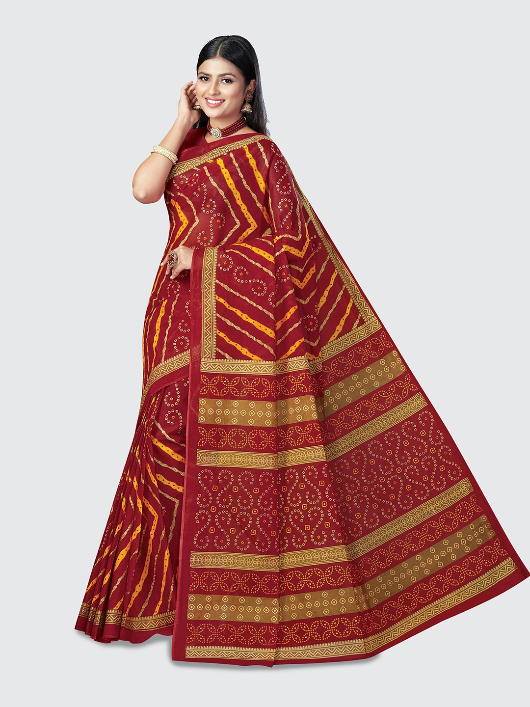 

SHANVIKA Red & Yellow Bandhani Pure Cotton Block Print Saree