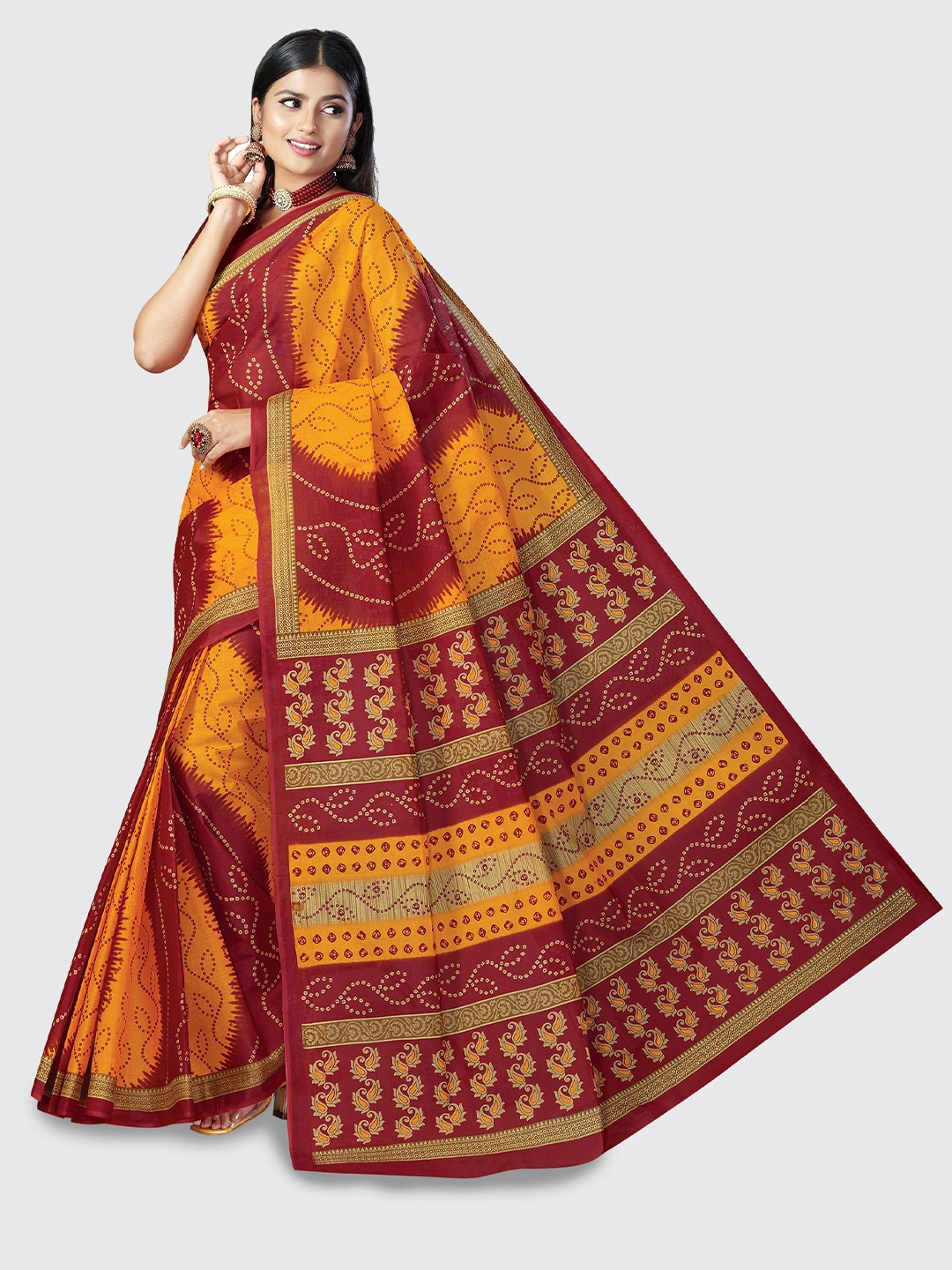 

SHANVIKA Red & Yellow Bandhani Pure Cotton Block Print Saree