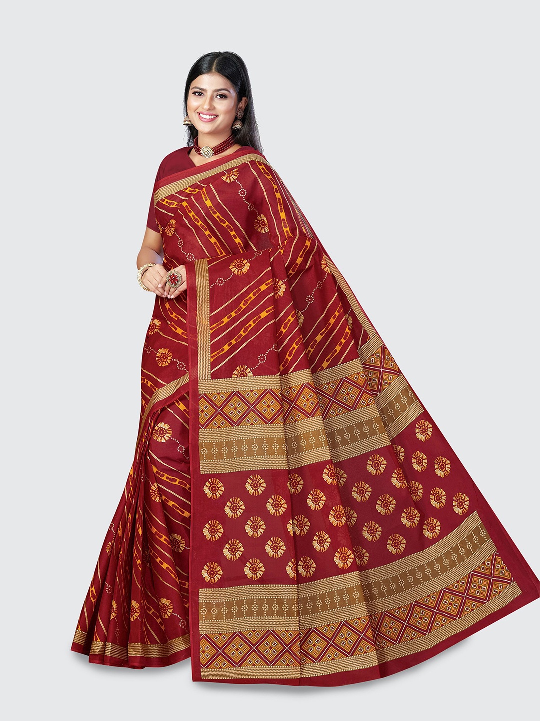 

SHANVIKA Red & Yellow Bandhani Pure Cotton Block Print Saree