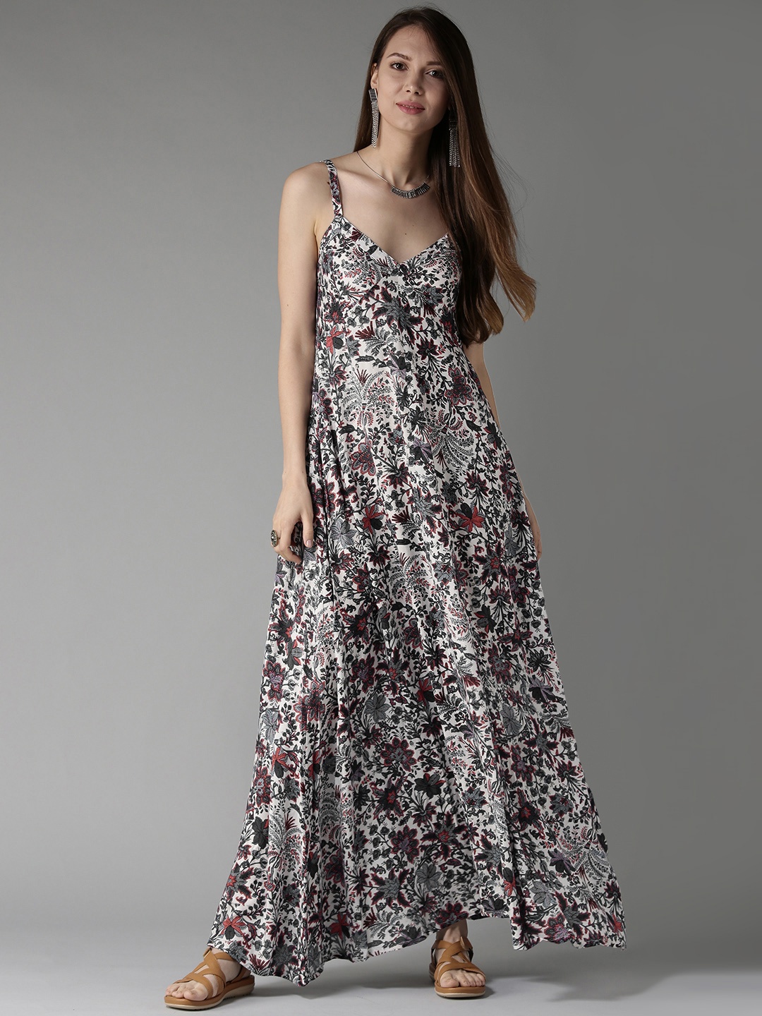 

HERE&NOW Women White & Navy Blue Printed Maxi Dress