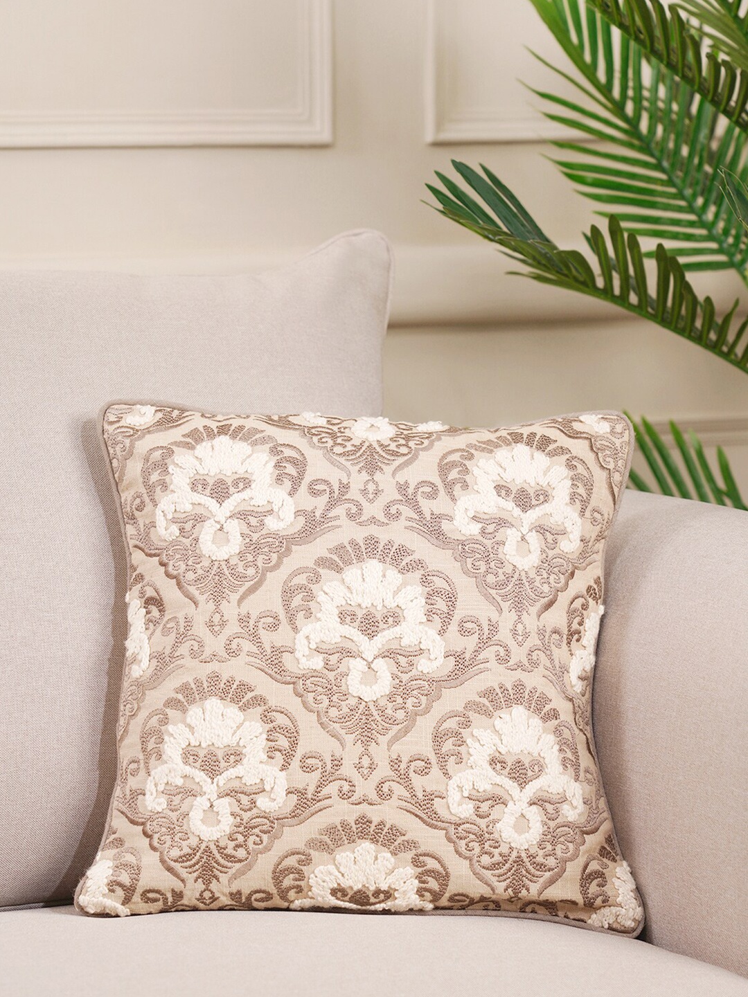 

Pure Home and Living Beige & White Ethnic Motifs Square Cotton Cushion Covers