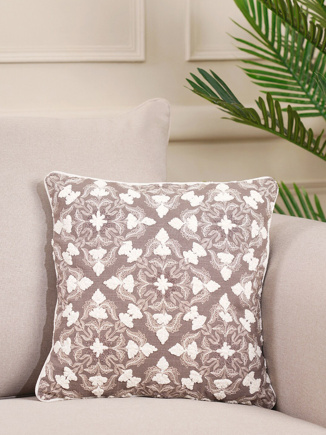 

Pure Home and Living Grey & White Embroidered Square Cotton Cushion Covers