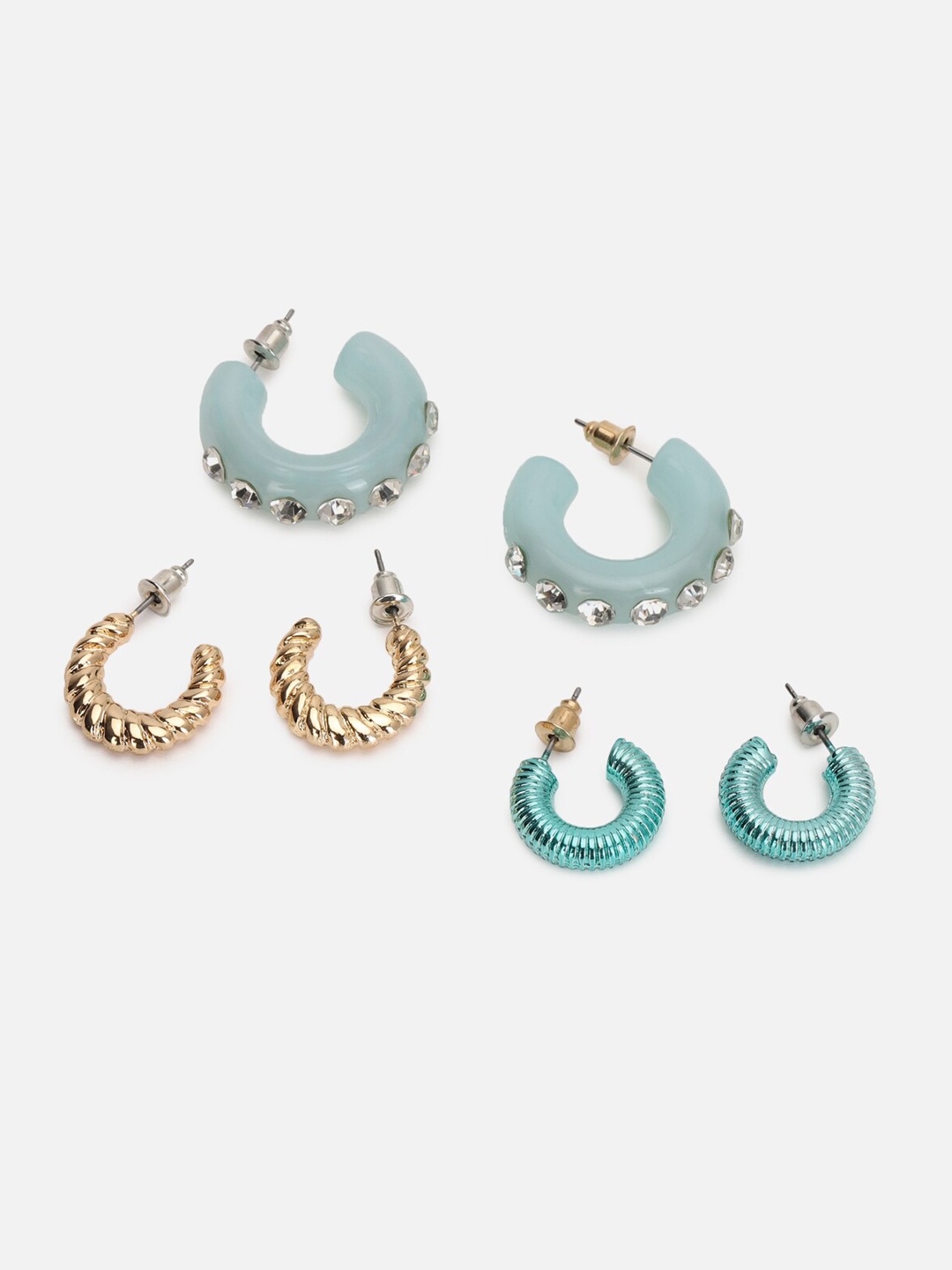 

FOREVER 21 Set of 3 Gold-Toned & Blue Circular Half Hoop Earrings