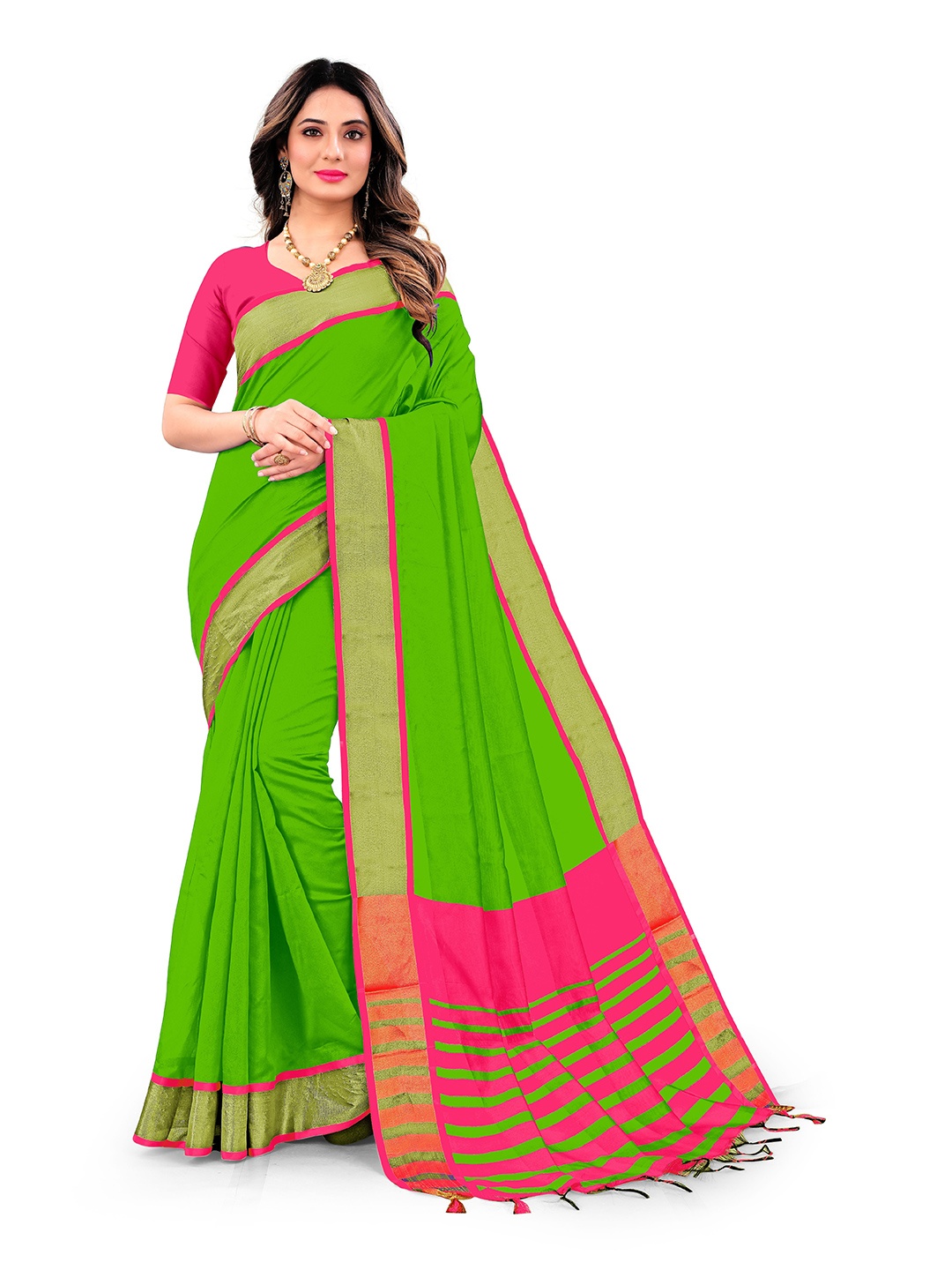 

KALINI Green & Pink Zari Silk Cotton Banarasi Saree