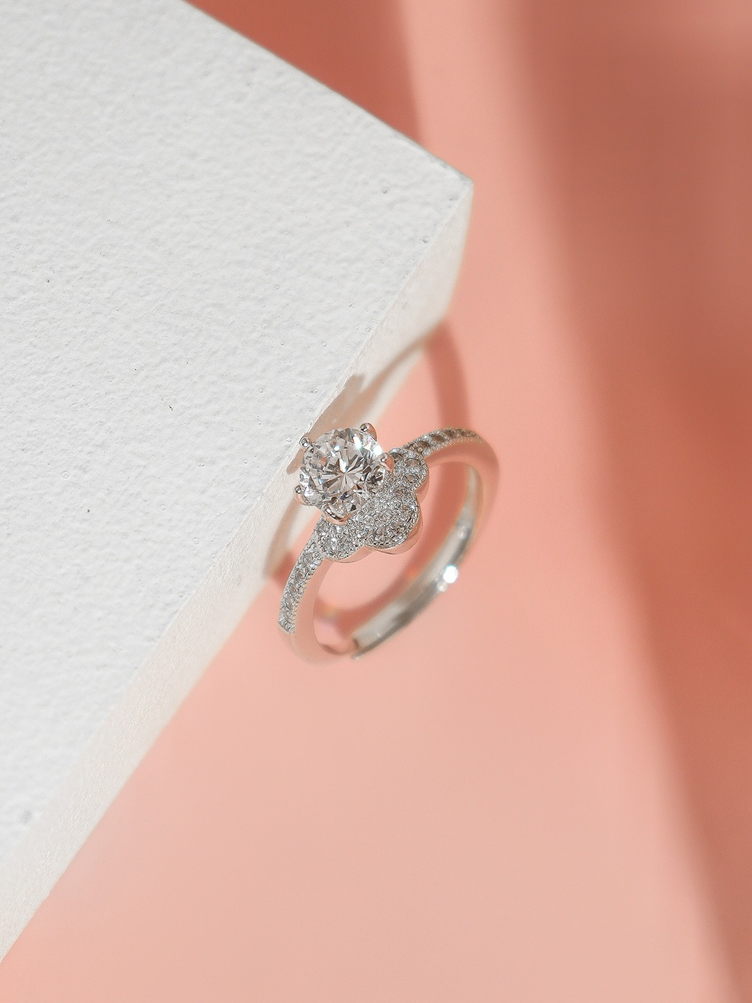 

SILBERRY Silver-Toned Rhodium-Plated 925 Sterling Silver CZ Studded Adjustable Ring