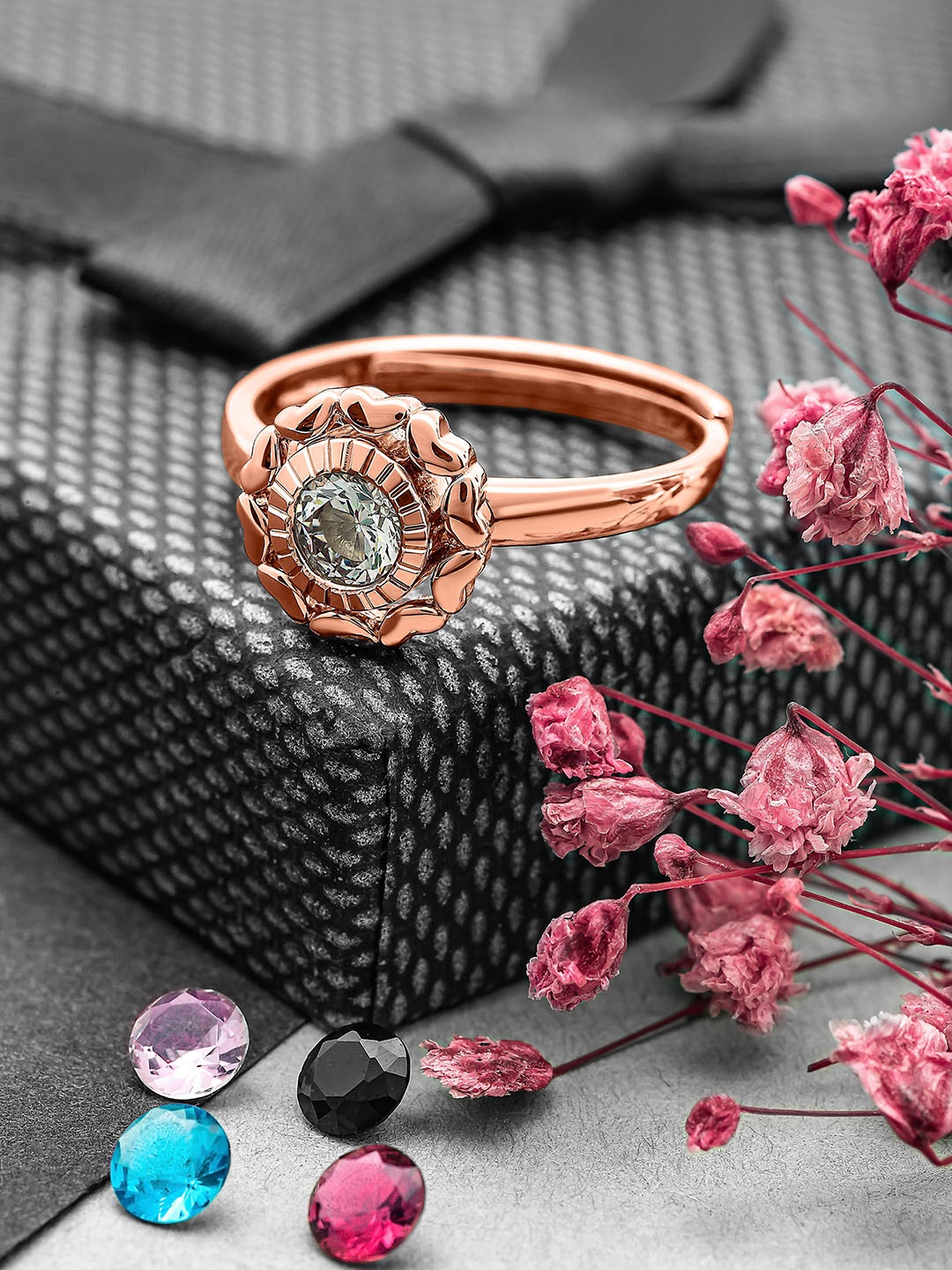 

SILBERRY Rose Gold-Toned & White Rose Gold-Plated 925 Sterling Silver CZ Studded Ring