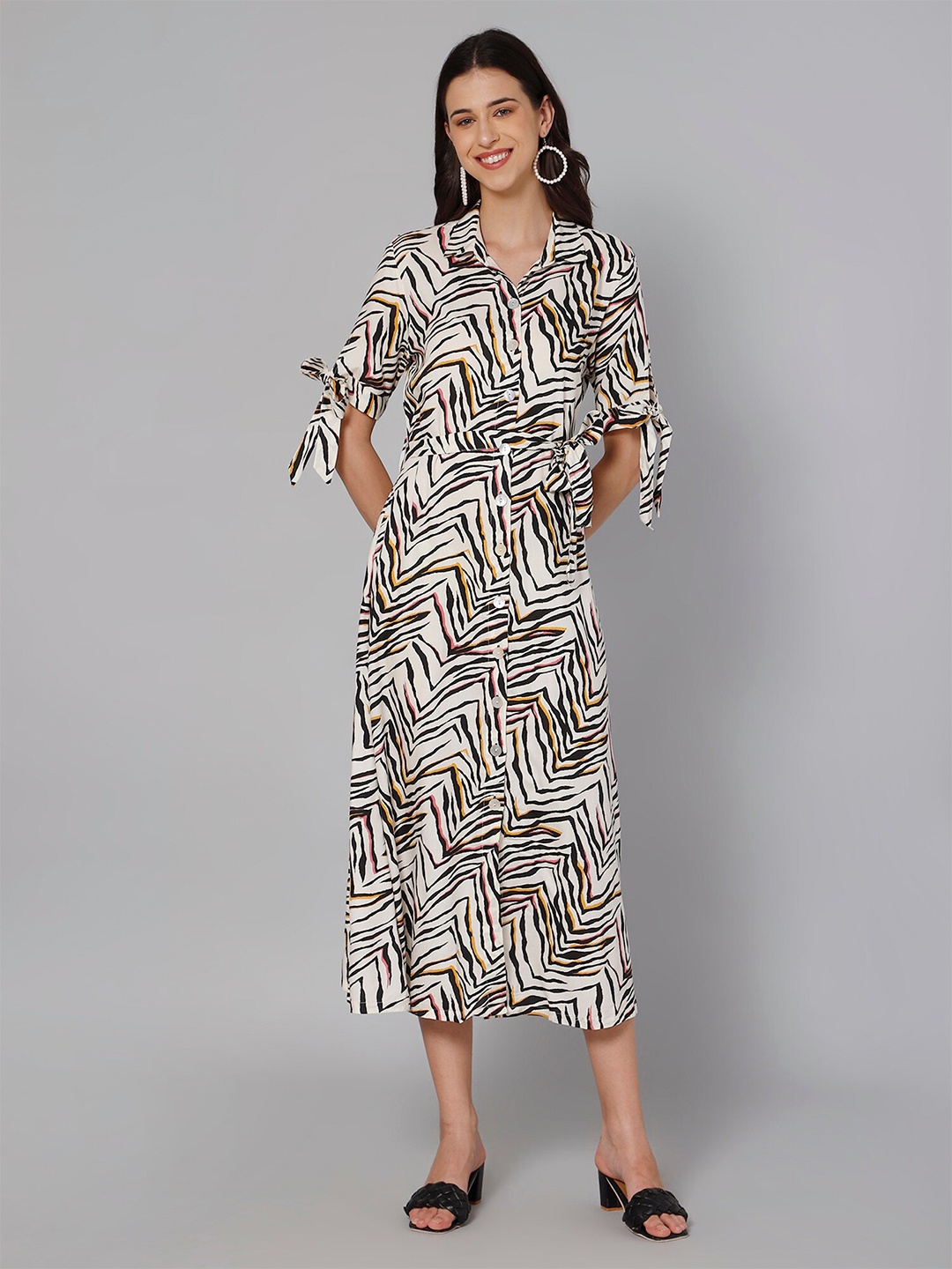 

Cantabil Women White Animal Printed Shirt Midi Dress