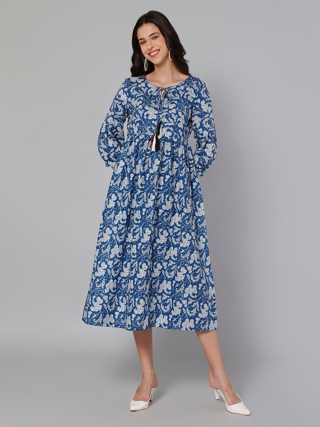

Cantabil Women Blue Floral Printed Cotton A-Line Midi Dress