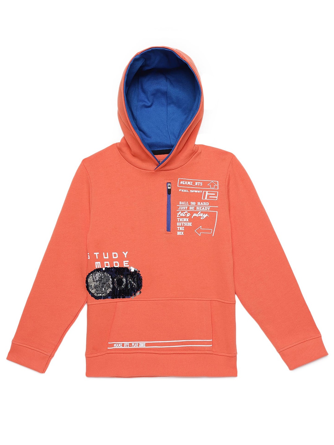 

UNDER FOURTEEN ONLY Boys Orange Typography Printed Cotton Hooded Sweatshirt