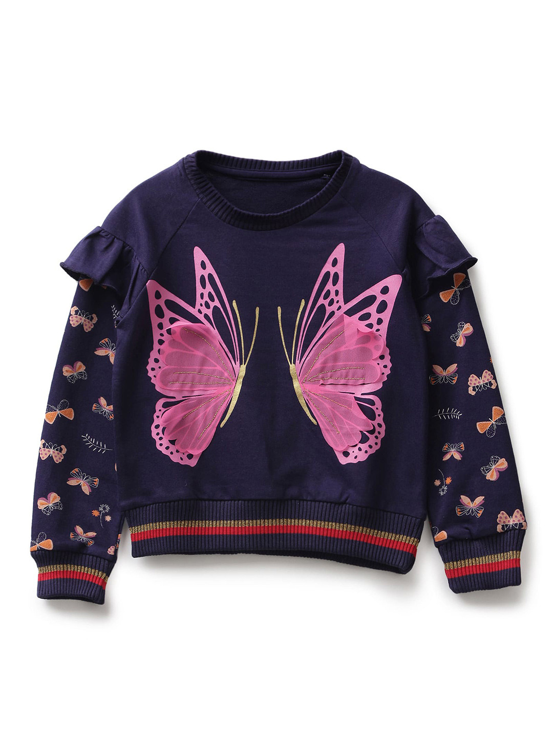 

UNDER FOURTEEN ONLY Girls Navy Blue & Pink Conversational & Applique Cotton Sweatshirt