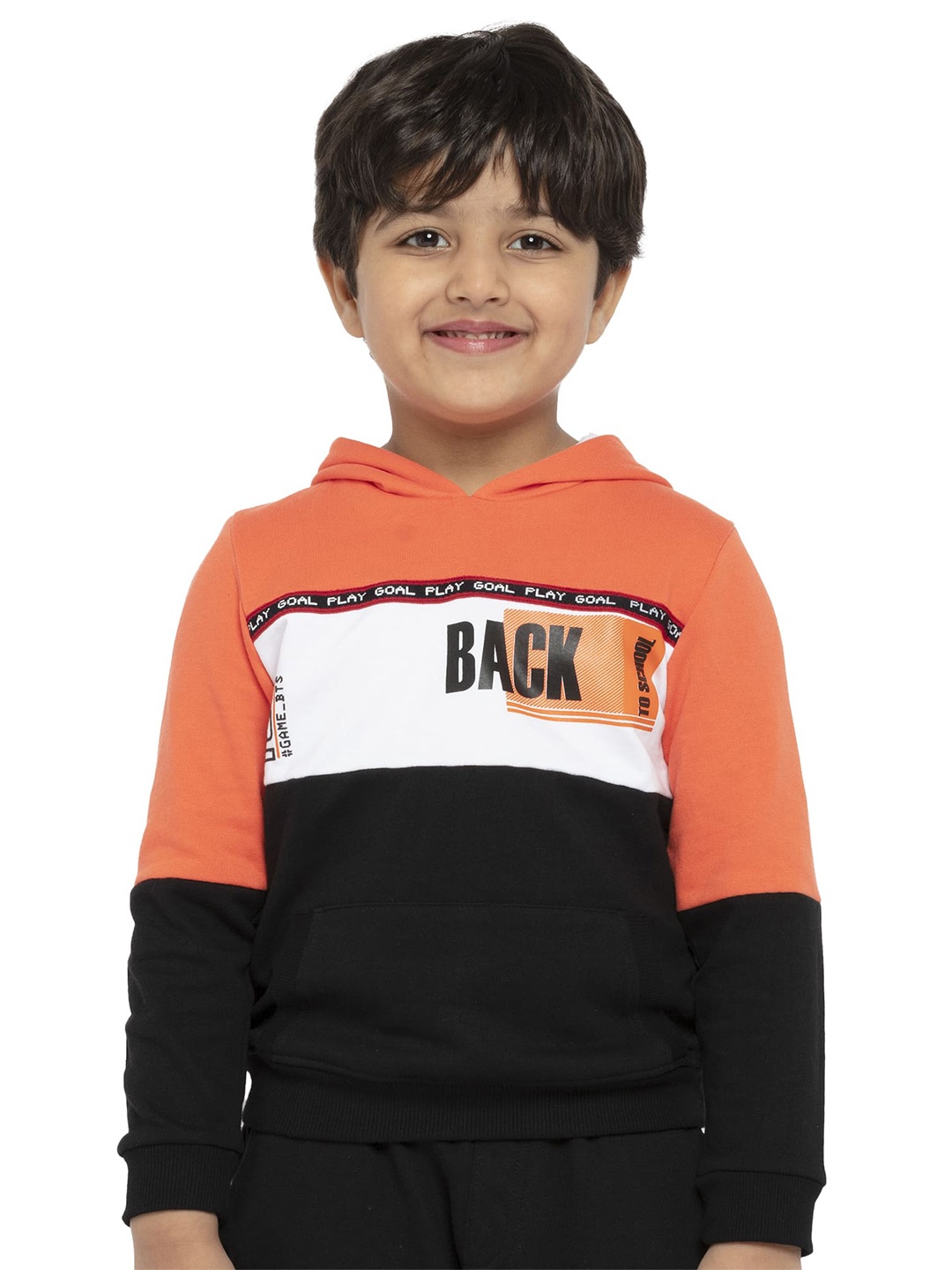 

UNDER FOURTEEN ONLY Boys Orange & Black Colourblocked Cotton Hooded Sweatshirt