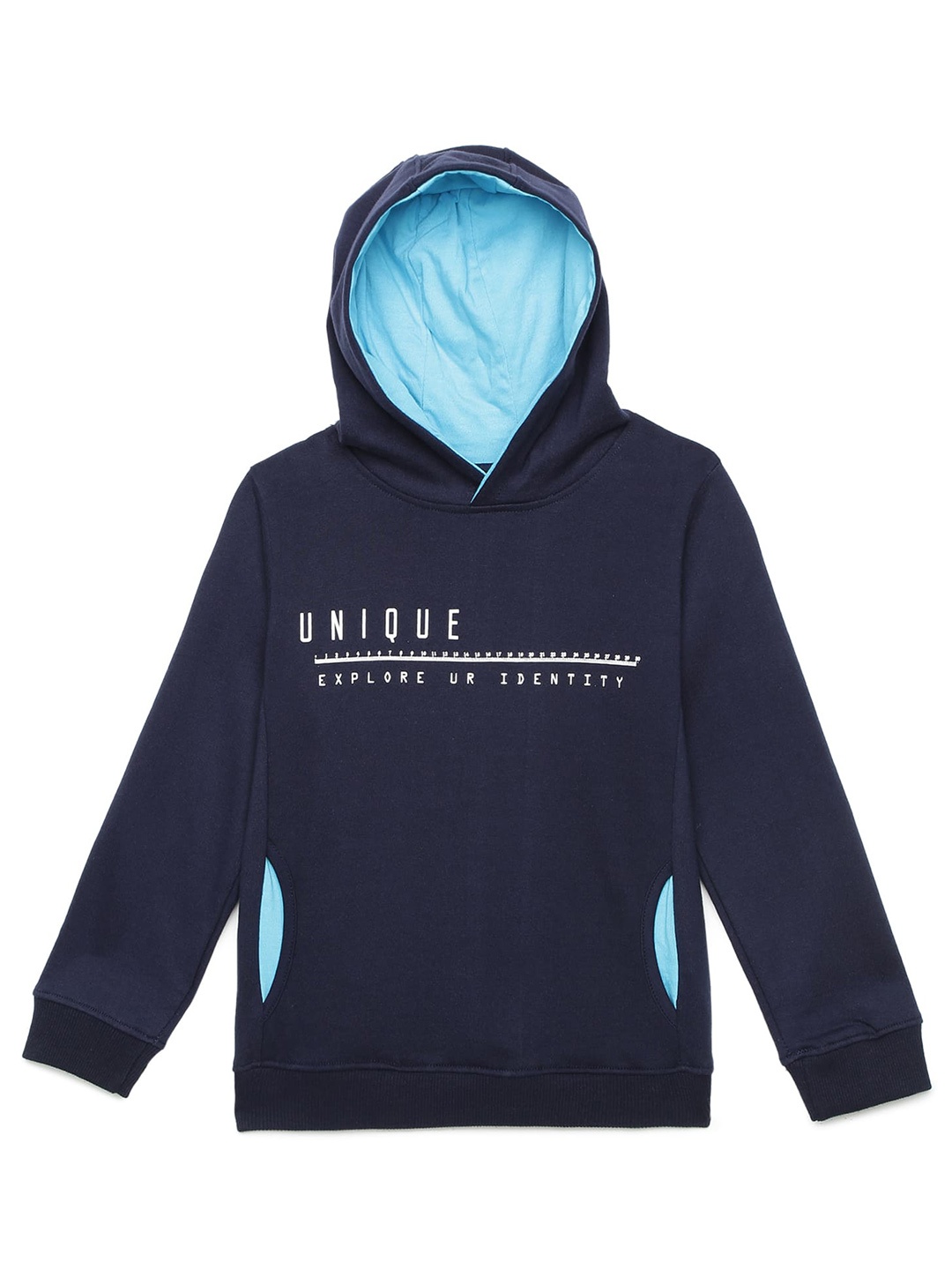 

UNDER FOURTEEN ONLY Boys Navy Blue Typography Printed Cotton Hooded Sweatshirt