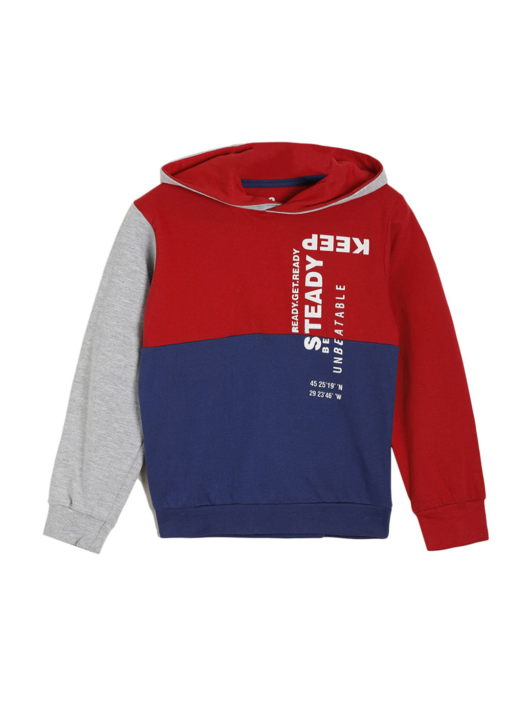 

UNDER FOURTEEN ONLY Boys Red & Blue Colourblocked & Printed Cotton Hooded Sweatshirt