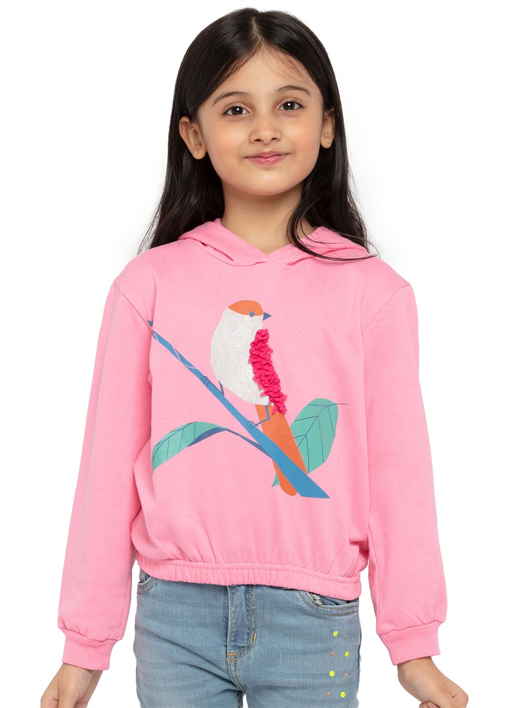 

UNDER FOURTEEN ONLY Girls Pink Printed Hooded Cotton Sweatshirt