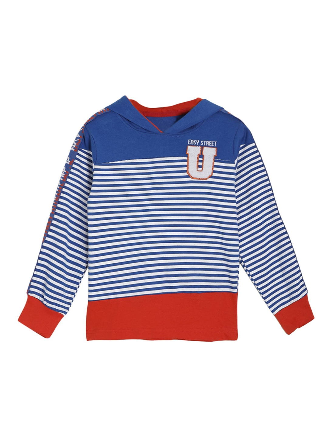 

UNDER FOURTEEN ONLY Boys Blue & Red Striped Hooded Cotton Sweatshirt