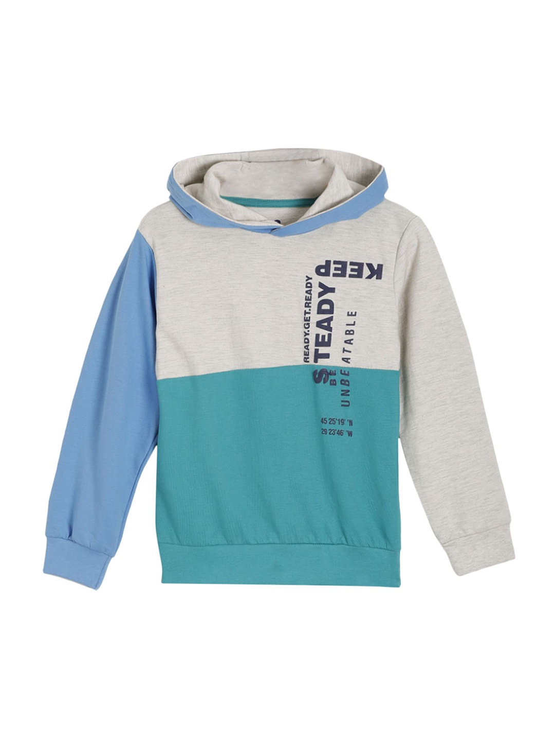 

UNDER FOURTEEN ONLY Boys Off White & Turquoise Blue Colourblocked Hooded Cotton Sweatshirt