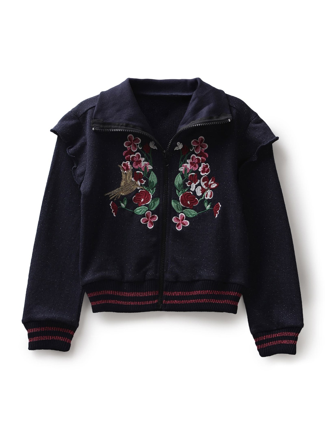 

UNDER FOURTEEN ONLY Girls Navy Blue Floral Embroidered Cotton Sweatshirt