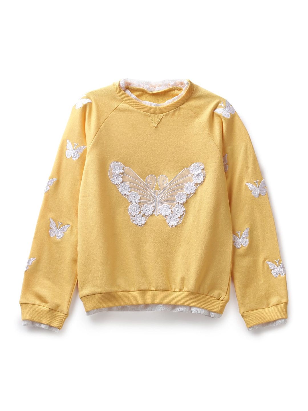 

UNDER FOURTEEN ONLY Girls Yellow Embroidered & Applique Cotton Sweatshirt