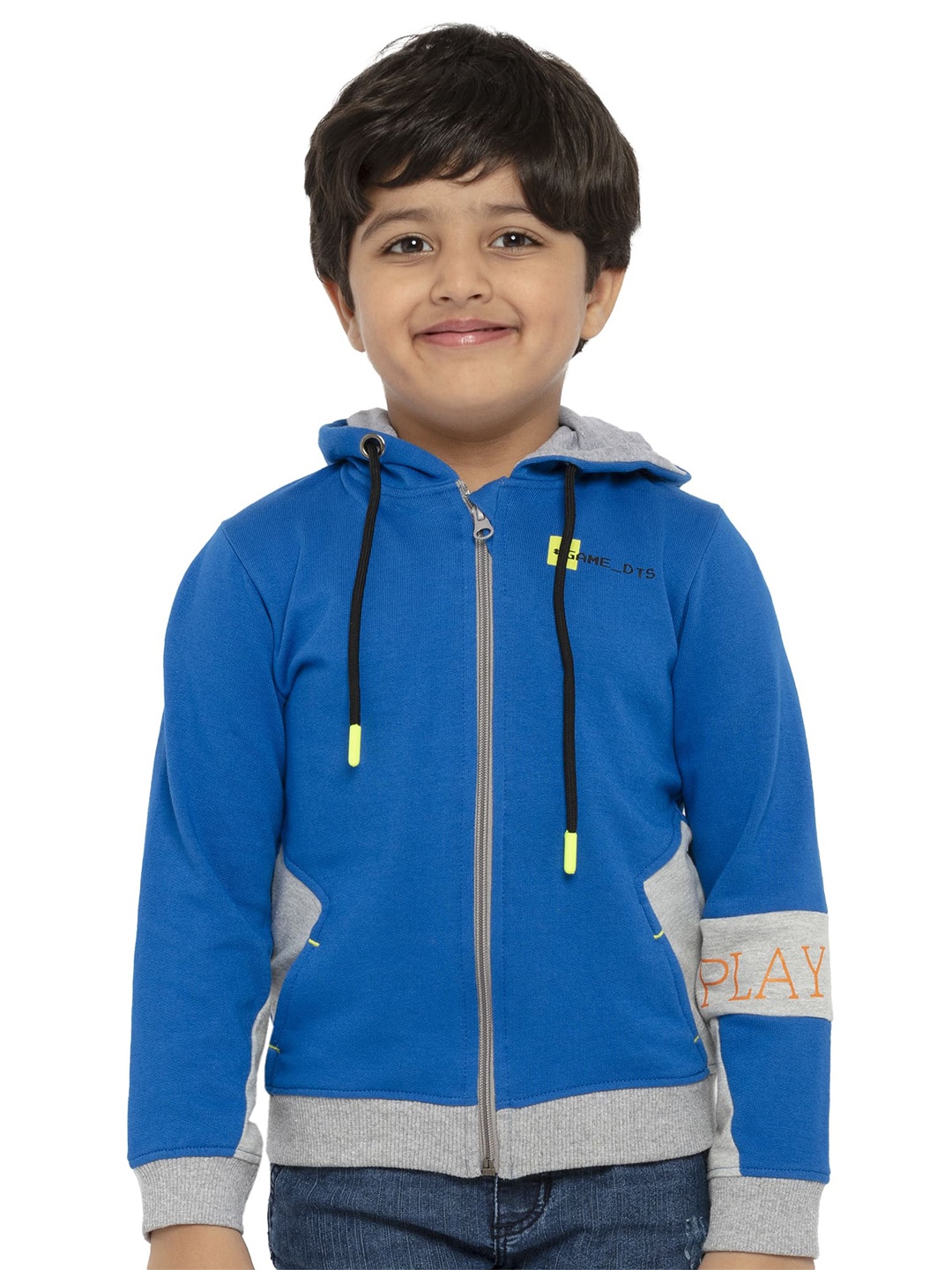 

UNDER FOURTEEN ONLY Boys Blue Front Open Hooded Cotton Sweatshirt