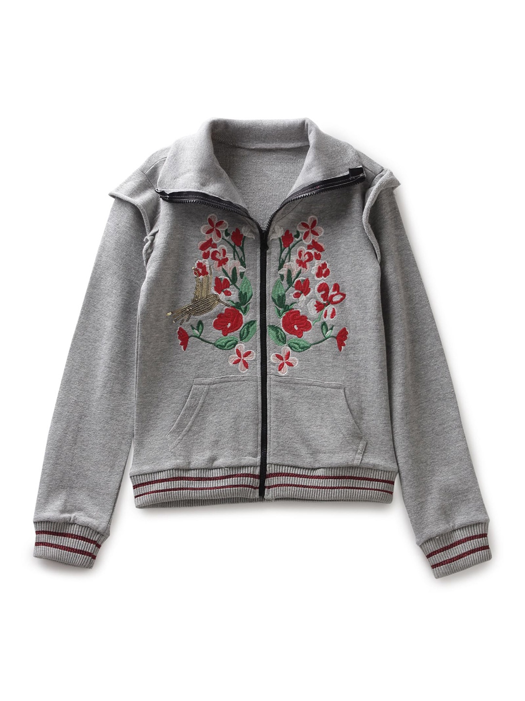 

UNDER FOURTEEN ONLY Girls Grey Melange & Red Embroidered Cotton Sweatshirt