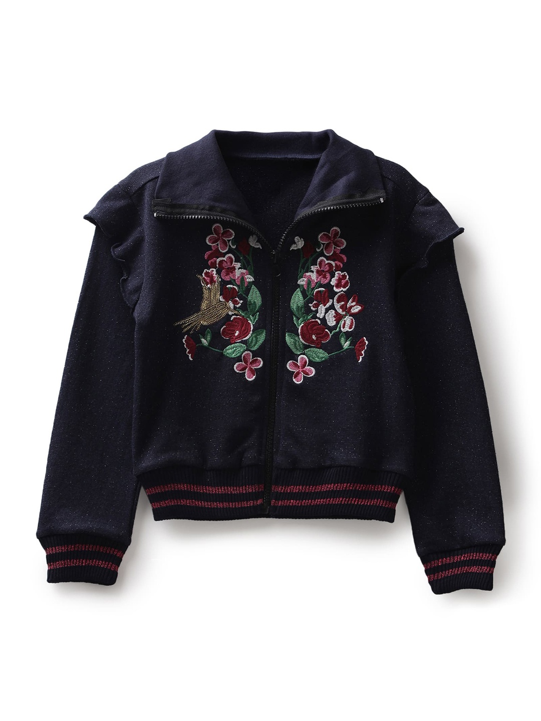 

UNDER FOURTEEN ONLY Girls Navy Blue & Red Floral Embroidered Cotton Sweatshirt