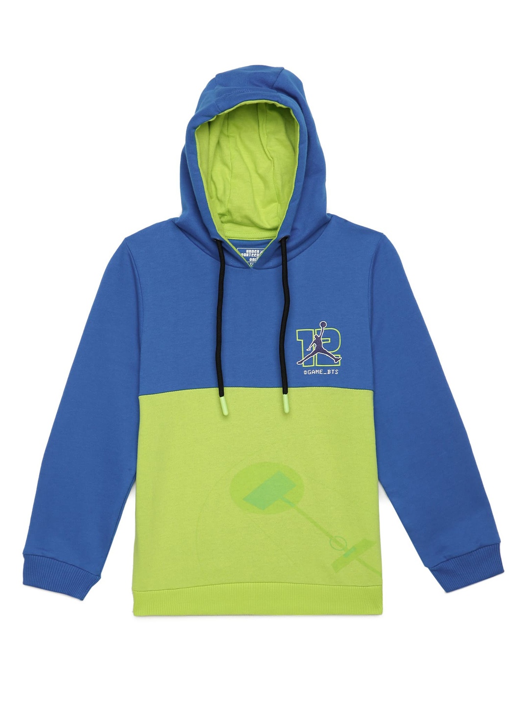 

UNDER FOURTEEN ONLY Boys Blue & Green Colourblocked Hooded Cotton Sweatshirt