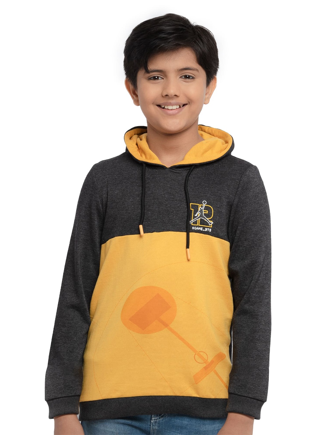 

UNDER FOURTEEN ONLY Boys Black & Mustard Yellow Colourblocked Hooded Cotton Sweatshirt