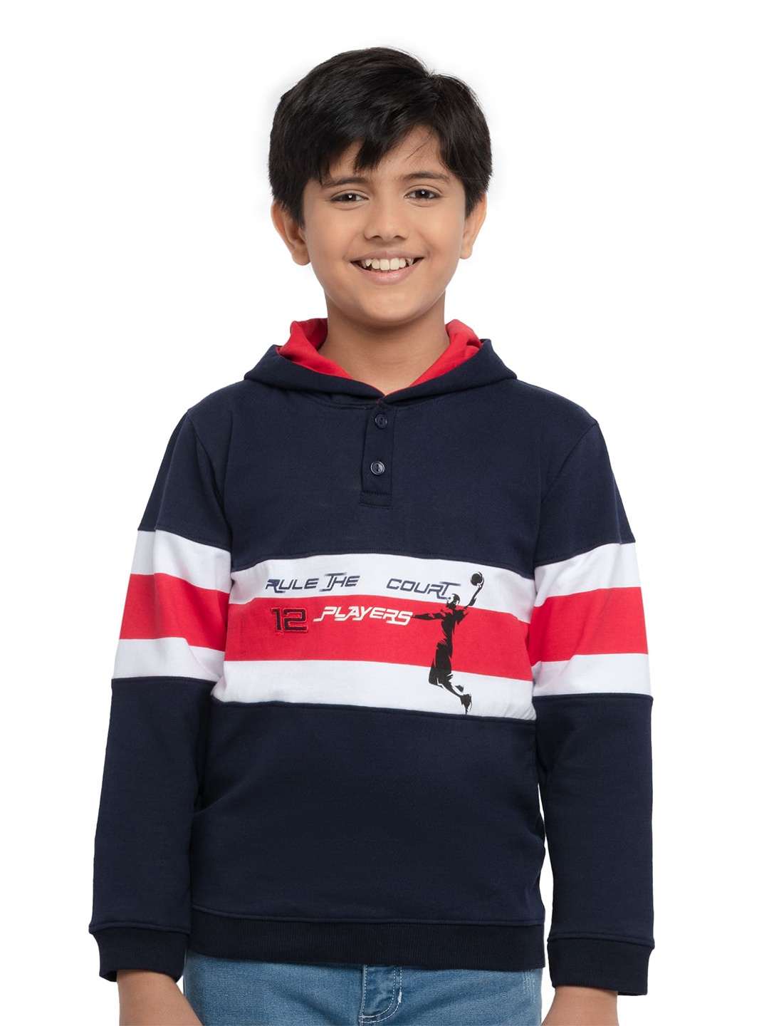 

UNDER FOURTEEN ONLY Boys Navy Blue & White Typography Printed Hooded Cotton Sweatshirt