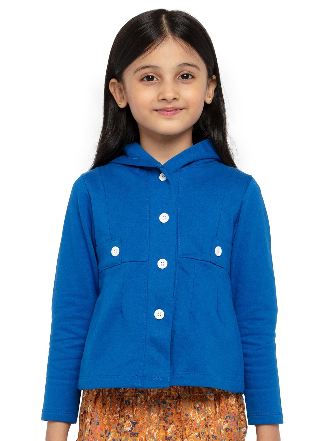 

UNDER FOURTEEN ONLY Girls Blue Solid Hooded Cotton Sweatshirt